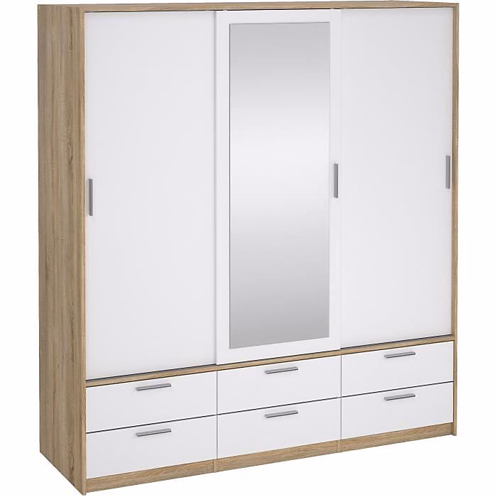 Armoire de chambre – ONTARIO, Blanc brillant / Chene, 3 portes, 6 tiroirs, 181, 4 × 60,25 × 200 cm