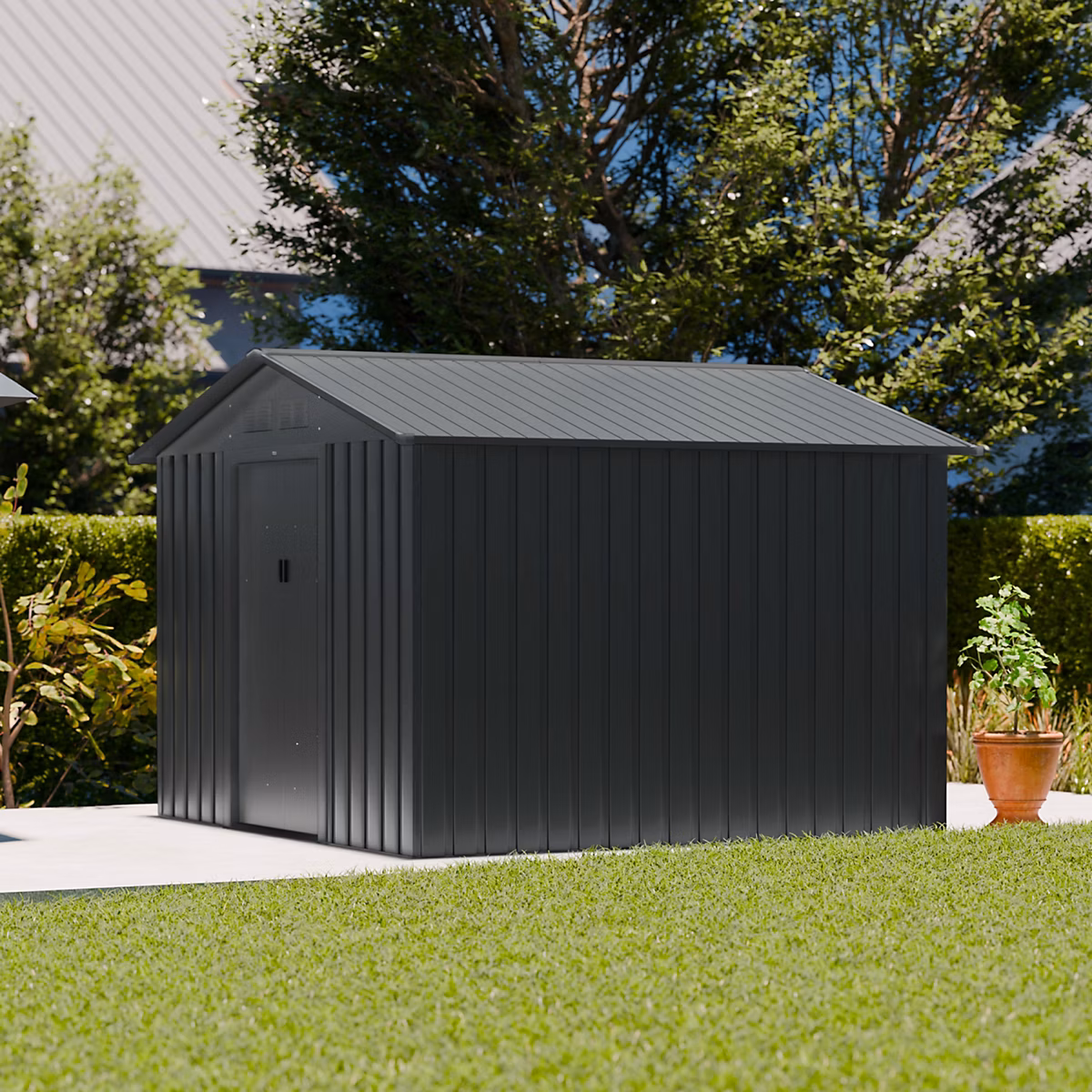 Abri de jardin en métal – Calaisis, 7.06m² gris anthracite, Cabane à outils avec deux portes coulissantes. kit de fixation sol