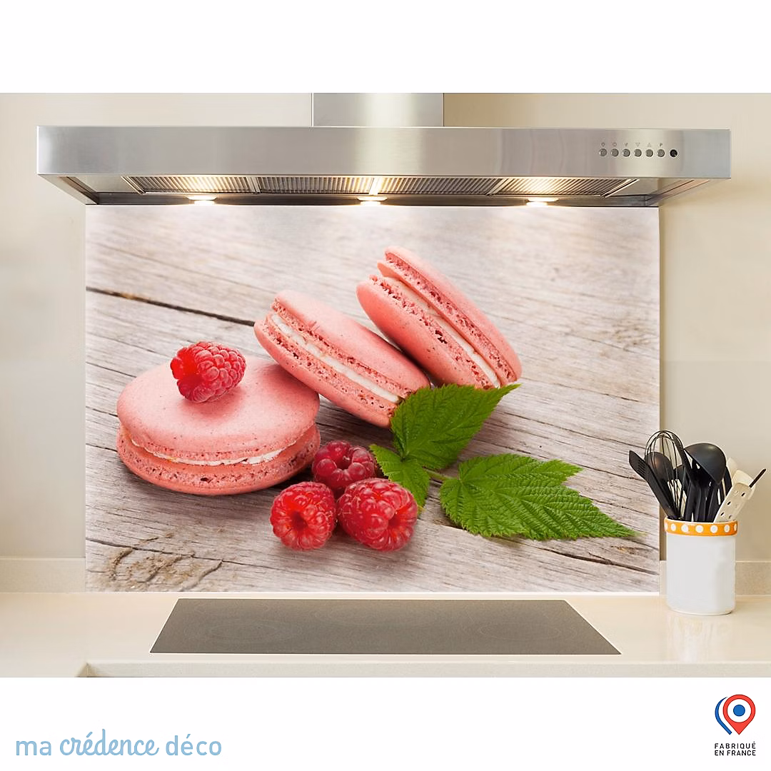 Crédence cuisine fond de hotte Macarons et framboises – Alu composite, L 90 cm x H 70 cm, MaCrédenceDéco