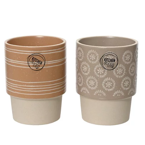 Mug rond en grès coloris marron et beige imprimé sérigraphie avec un motif rond et cercle – Ø 8,20 x 11 cm (produit vendu à l'unité, livré aléatoirement parmi deux modèles)