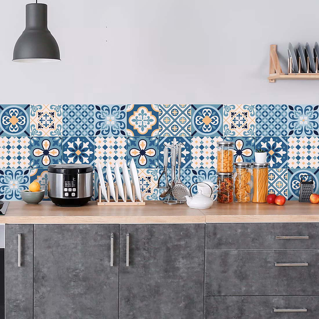Crédence adhésive carreaux de ciment bleu et beige 60 × 300cm