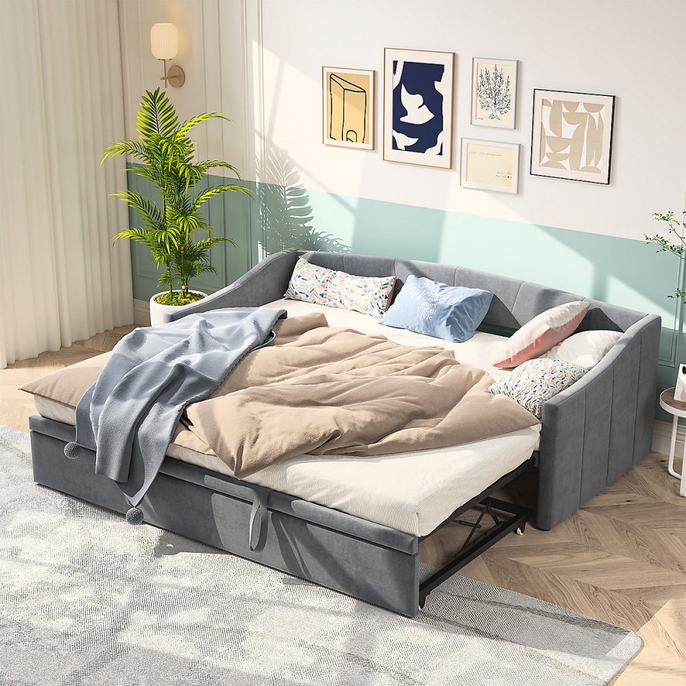 Canapé – lit | extensible | 140 × 200 cm | avec sommier à lattes | tissu en velours | sans matelas | gris foncé