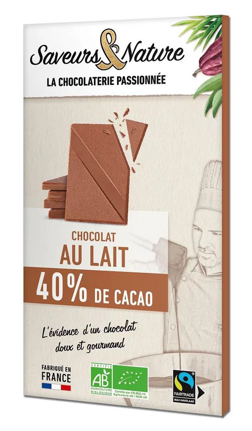 Tablette de chocolat au lait 40% bio Saveur et Nature - 80 g