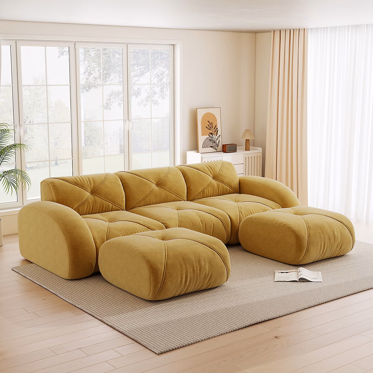 Canapé modulaire 3 places en U – jaune | 2 poufs | sans montage