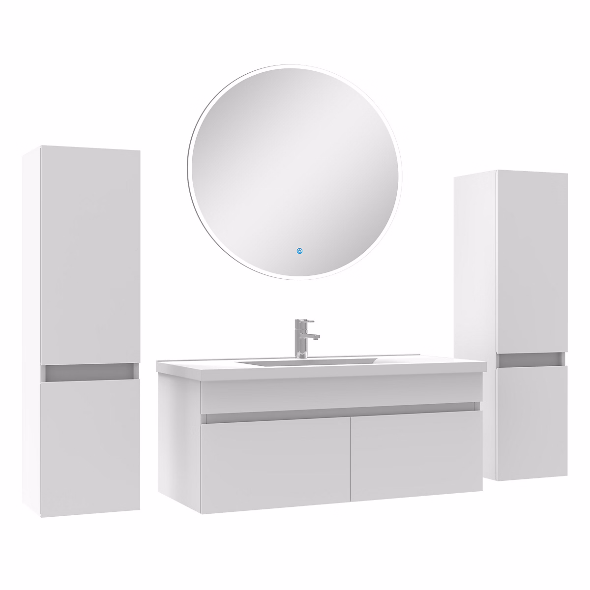 Ensemble meubles Salle de Bain simple vasque 100cm – colonne x2 + miroir rond Blanc