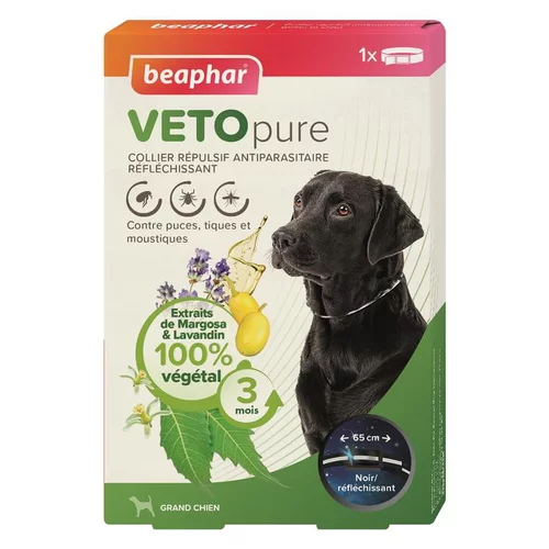 Collier répulsif antiparasitaire réfléchissant pour le chien de grande taille coloris noir VETOpure Beaphar – 65 cm