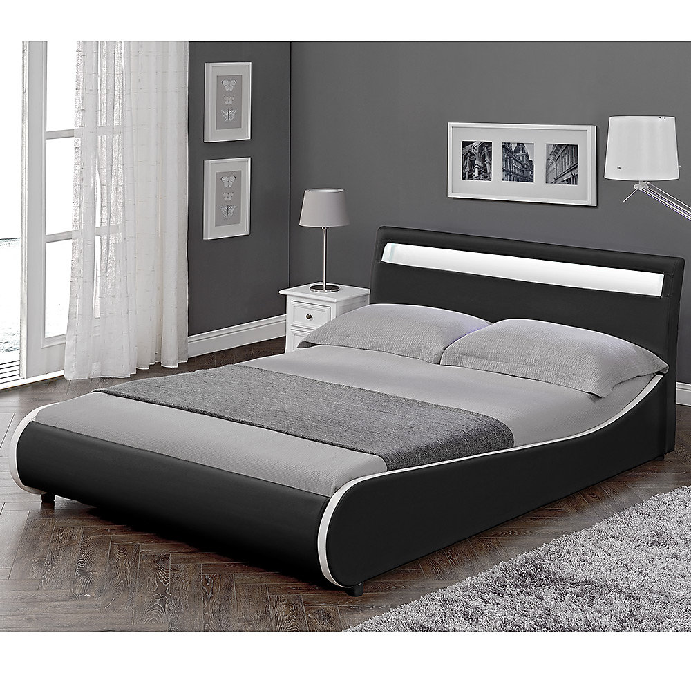 Cadre de lit double Valencia à LED 140 × 200cm cuir synthétique avec sommier à lattes noir Corium