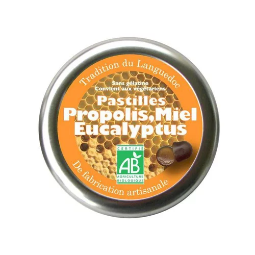 Pastilles au miel, propolis et eucalyptus bio en boite de 50 g