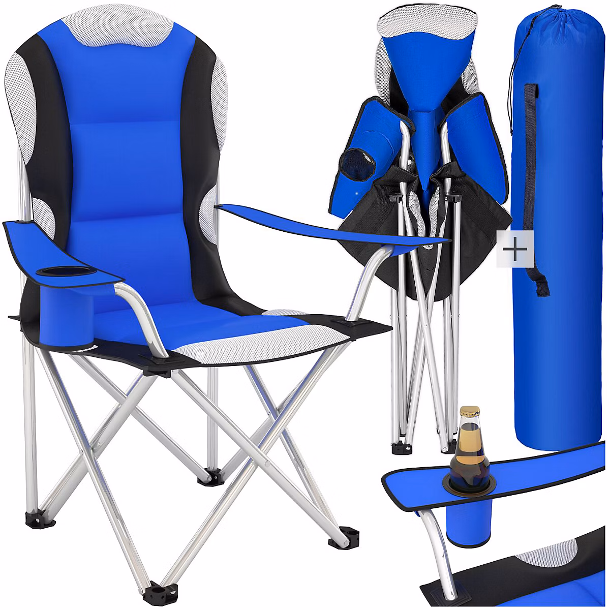 Chaise pliante rembourrée en polyester avec sac de transport – bleu