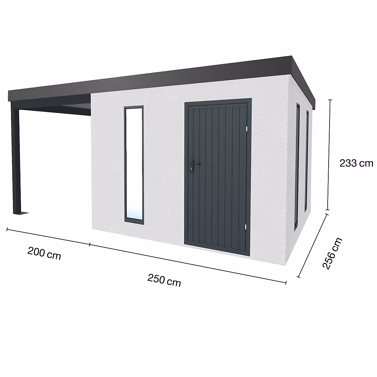 Abri de jardin en métal finition crépi 2900 × 2980 mm blanc avec auvent à gauche 2000 × 2980 mm anthracite