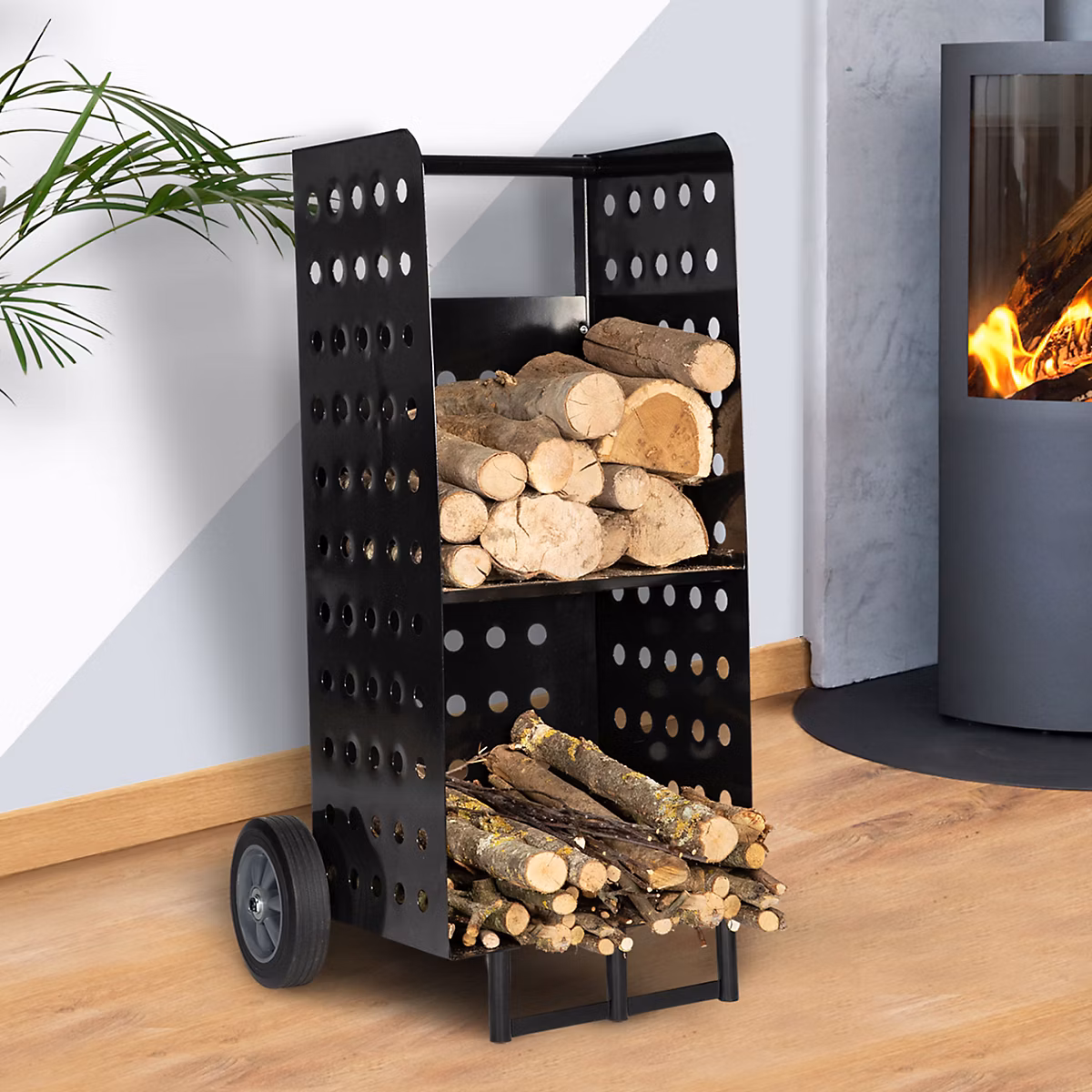 Chariot porte bûches acier noir 40 x 40 x 100 – 5 CM pour cheminée