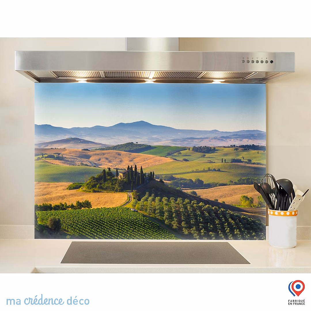 Crédence cuisine fond de hotte Toscane et paysage | Verre trempé – L 90 cm x H 50 cm – MaCrédenceDéco