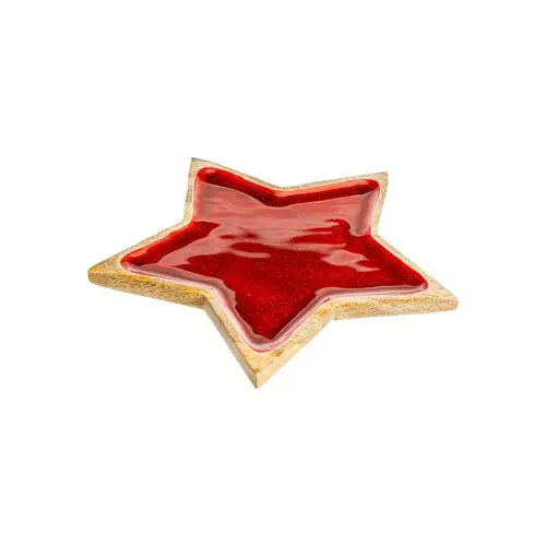 Plateau forme étoile en bois de manguier émaillé rouge - 30 x 30 x 2,3 cm
