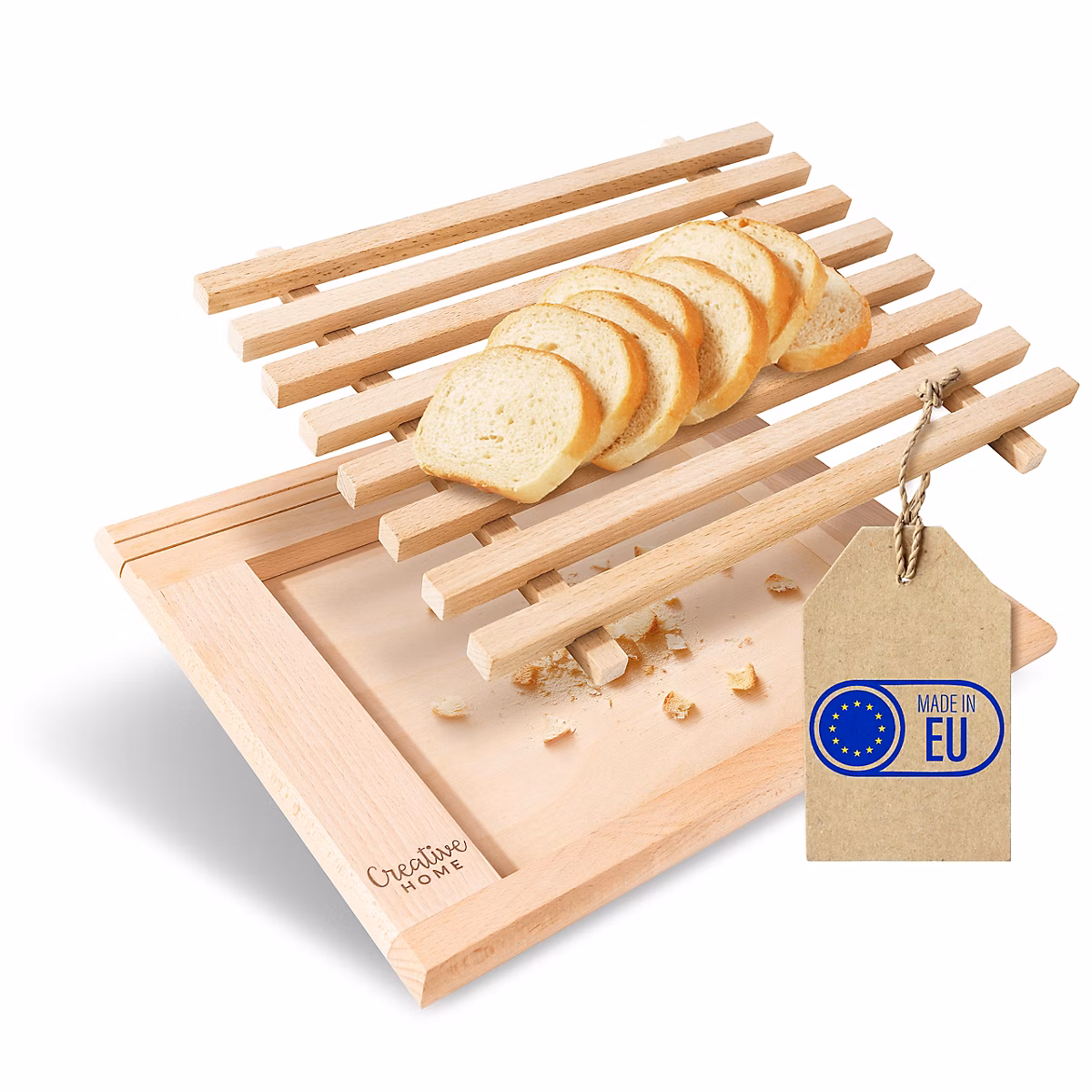 Creative Home Planche a Decouper en Bois | 35 – 5 x 28 – 5 × 2 cm – avec Compartiment Ramasse Miette Amovible – Bois de Hêtre Naturel