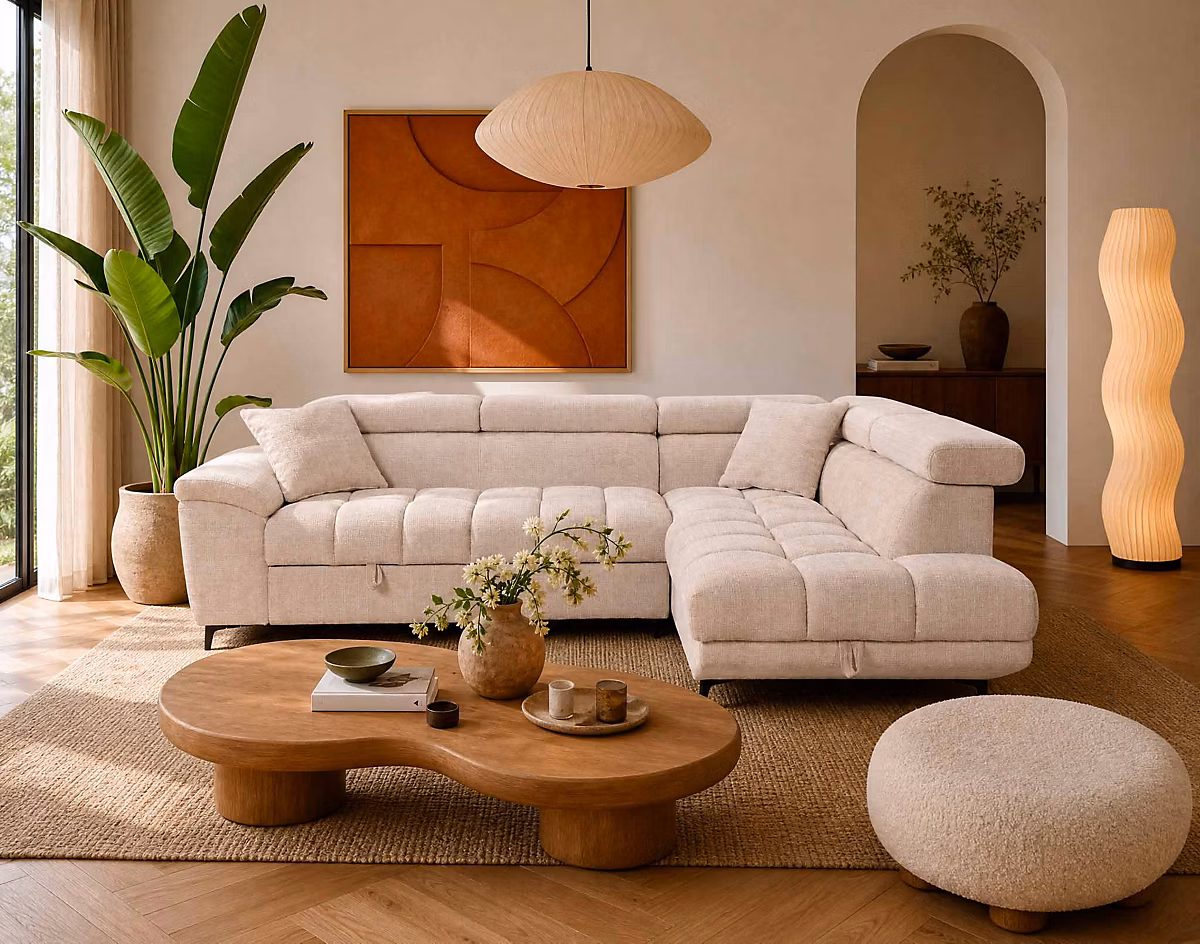 Camille – Canapé d'angle droit 5 places convertible avec têtières et coffre en velours texturé, Best Mobilier