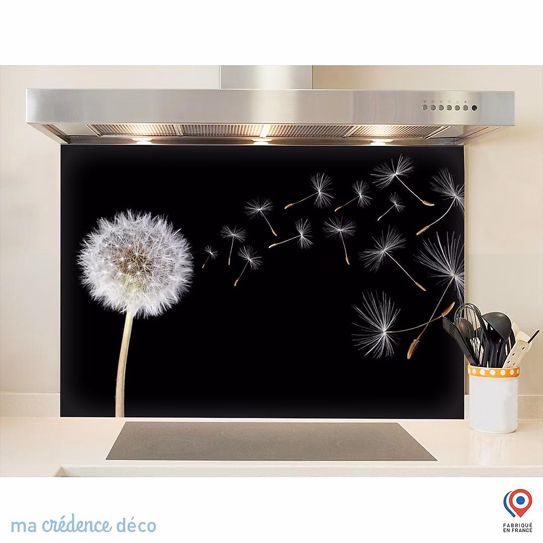 Crédence cuisine fond de hotte Pissenlits sur fond noir – Verre trempé, L 60 cm x H 45 cm, MaCrédenceDéco