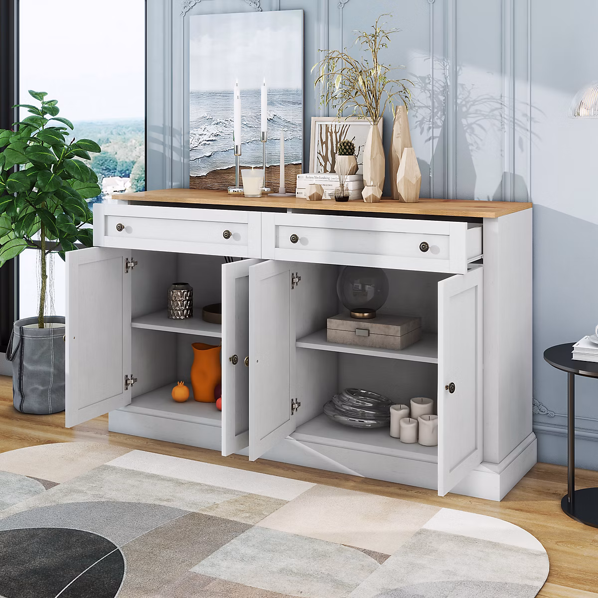 Buffet Moderne avec 4 Portes et 2 Tiroirs – Rangement Spacieux pour Salon ou Salle à Manger, MDF, Blanc+Naturel, 150 × 40 × 86 cm