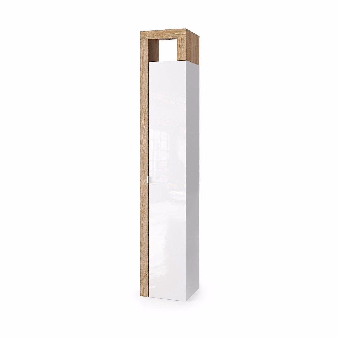 Colonne de salle de bains – 1 porte, 5 étagères, collection BURA. Coloris blanc brillant laqué et chene clair