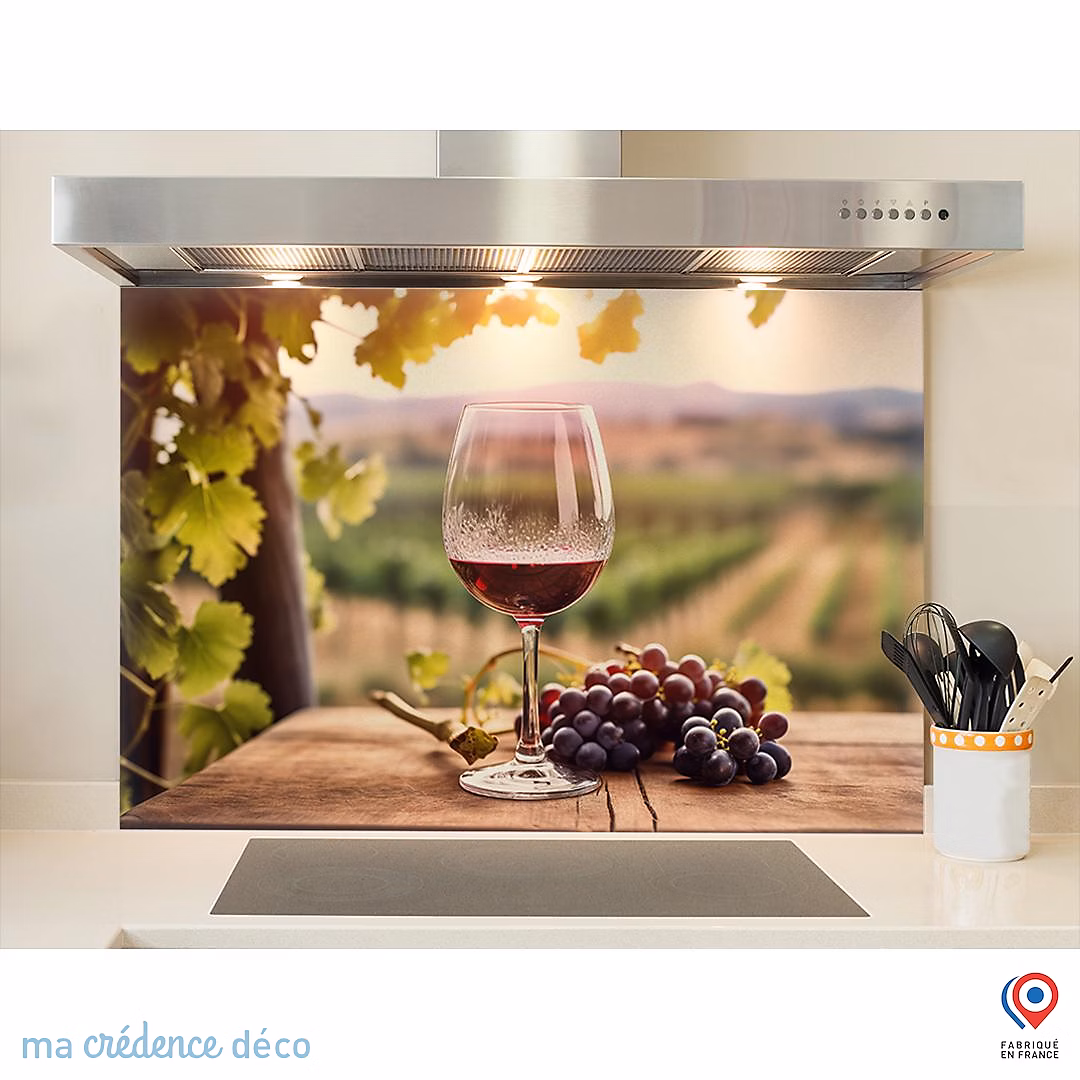 Crédence cuisine fond de hotte Vin rouge et vignobles 2 | Alu composite – L 90 cm x H 60 cm – MaCrédenceDéco