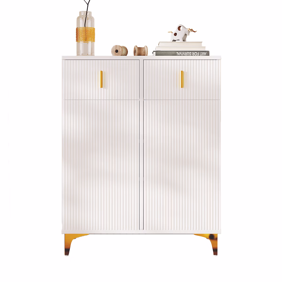 Buffet Élégant 83 Cm Avec Panneaux Structurés – Étagères Réglables Et Décor Doré, Avec Tiroirs, Blanc