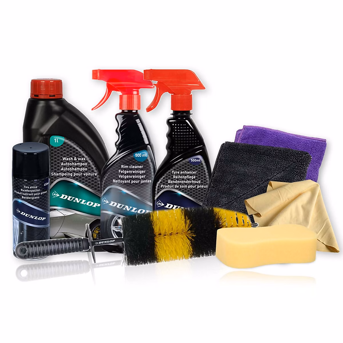 Dunlop Kit Nettoyage Jantes & Roues 9 Pièces KNRJ1 – Shampoing, Nettoyant, Brosse, Microfibres, Brillance & Propreté