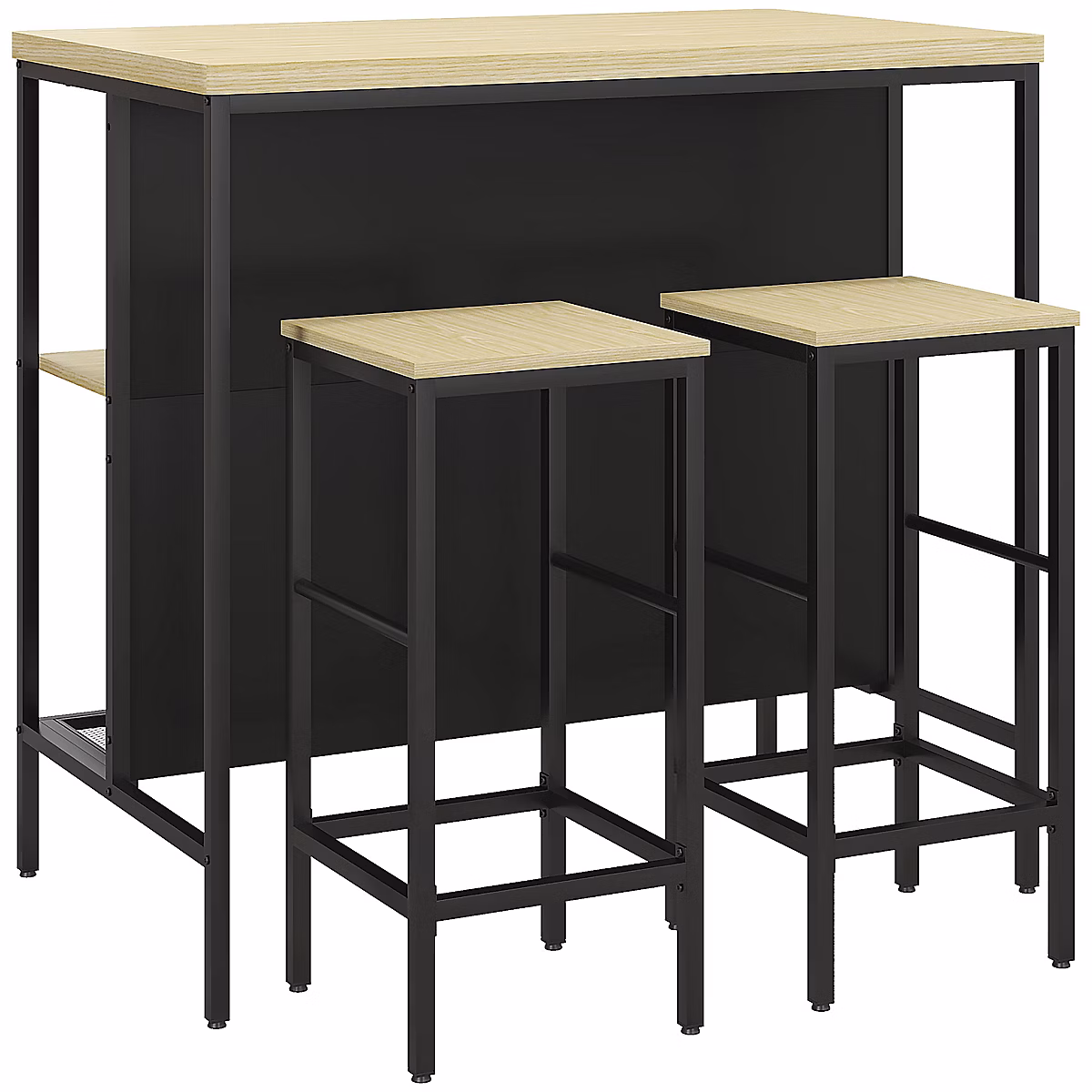 Ensemble table de bar 2 tabourets style industriel – 2 étagères, acier noir aspect bois clair