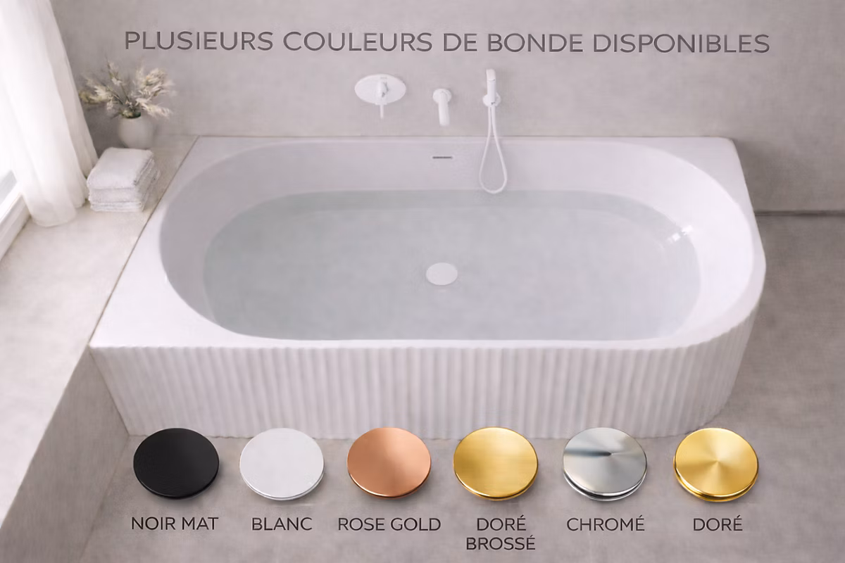 Baignoire d'angle gauche avec bonde blanche – 170 × 75 cm, Blanc brillant rainuré, PERLE