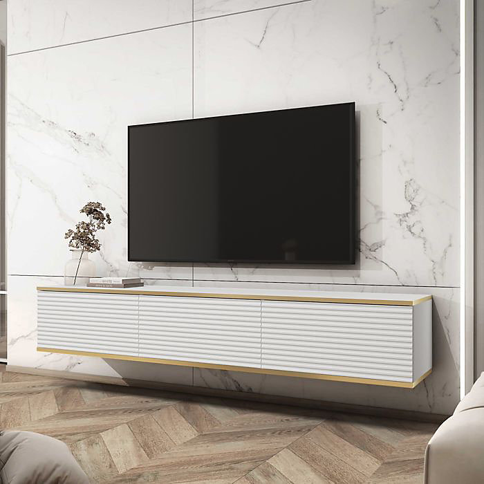Banff TV175 MDF – meuble TV, blanc mat, chêne artisan, largeur 175 cm, hauteur 30 cm, profondeur 32 cm