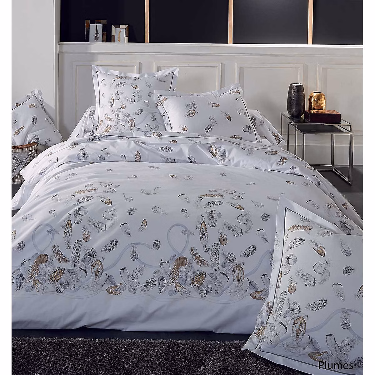 Drap plumes à imprimés plumes (180 × 290 cm – Blanc)