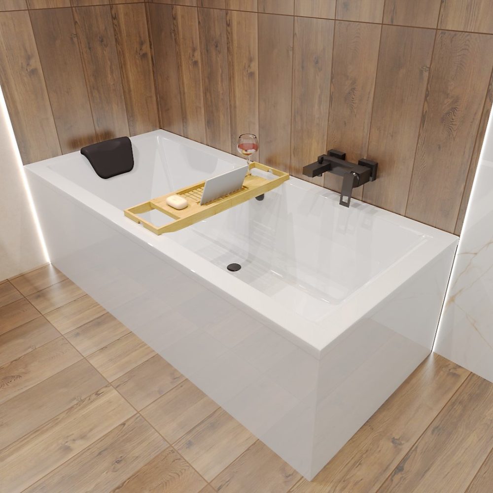 Baignoire rectangulaire 155 x 70 QUADRO acrylique blanc – sans Habillage + Étagère bambou + Pieds + Vidage à chromé