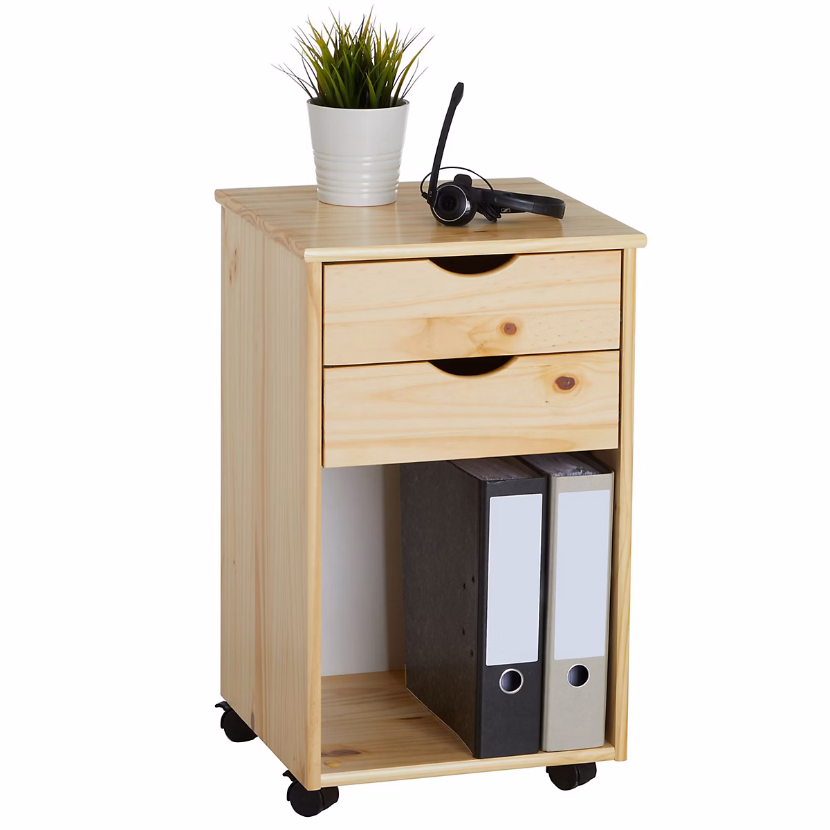 Caisson de bureau sur roulettes KANO – avec 2 tiroirs, en pin massif naturel