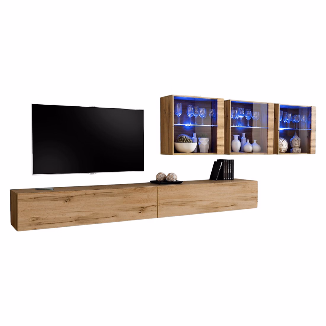 Composition murale SWITCH XVII Double meuble TV – cubes vitrés LED et étagères Chene Wotan Design moderne