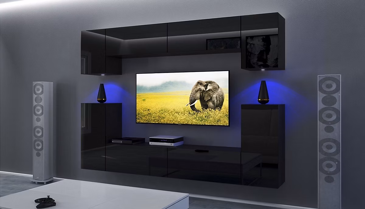 Ensemble meuble TV NEXT43 AN43 | 17B – HG20 – 1B noir brillant 256 cm