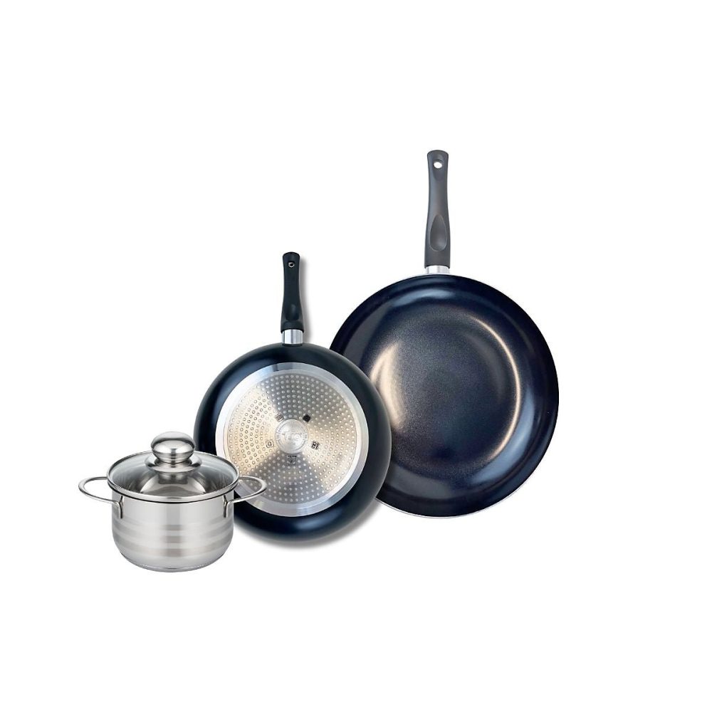 Matériel de cuisson – Ensemble de 2 Poêles de cuisson 24 et 28 cm et 1 faitout 14 cm Elo Prima Brillant