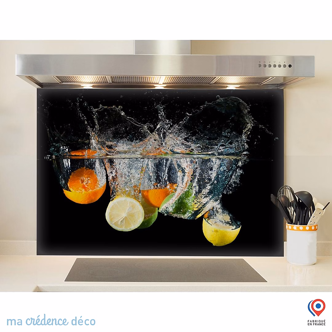 Crédence cuisine fond de hotte Bain d'agrumes – Verre trempé, L 70 cm x H 60 cm, MaCrédenceDéco