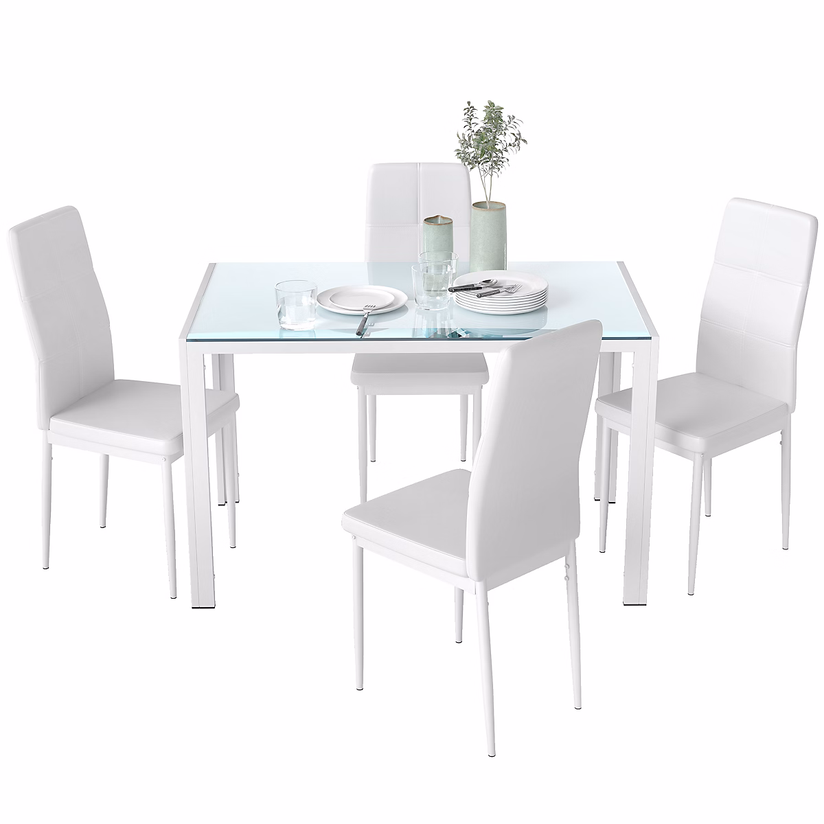 Ensemble table à manger rectangulaire et 4 chaises grand confort plateau verre trempé 8 mm métal blanc – Réf. ILNWSOVTT7751360993