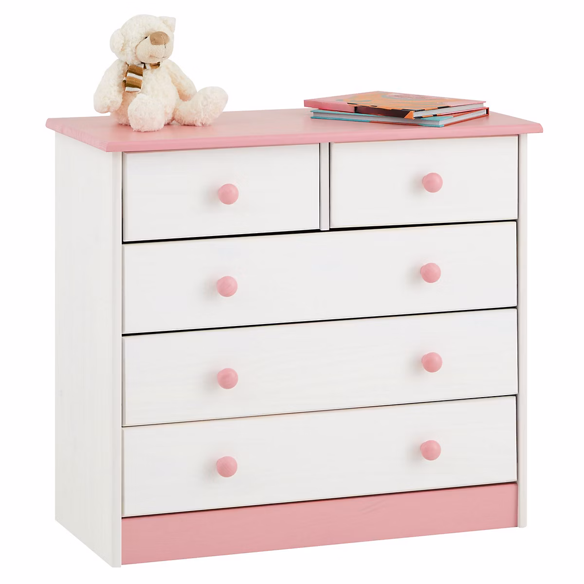 Commode en pin RONDO – 2+3 tiroirs, lasuré blanc et rose