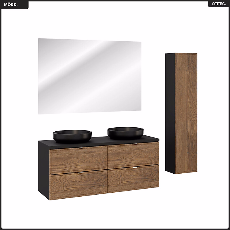 Ensemble de meubles sous vasque – 120 cm, avec Plan, 2 Vasques, Colonne, Miroir LED, MÖRK