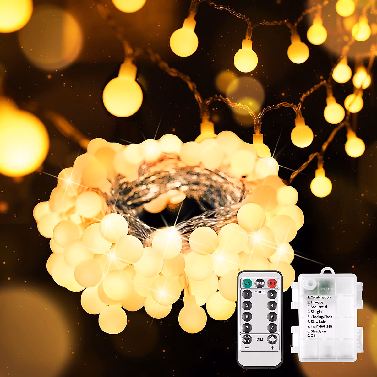 BASHLWUA Guirlande lumineuse à piles 5 – 9 m 50 boules lumineuses LED, 8 modes, guirlande lumineuse étanche, guirlandes lumineuses U