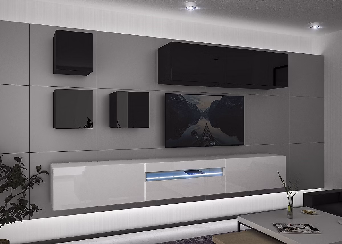 Ensemble meuble TV NEXT 277 AN277 – 17BW | HG27 | 1B blanc | noir brillant 273 cm