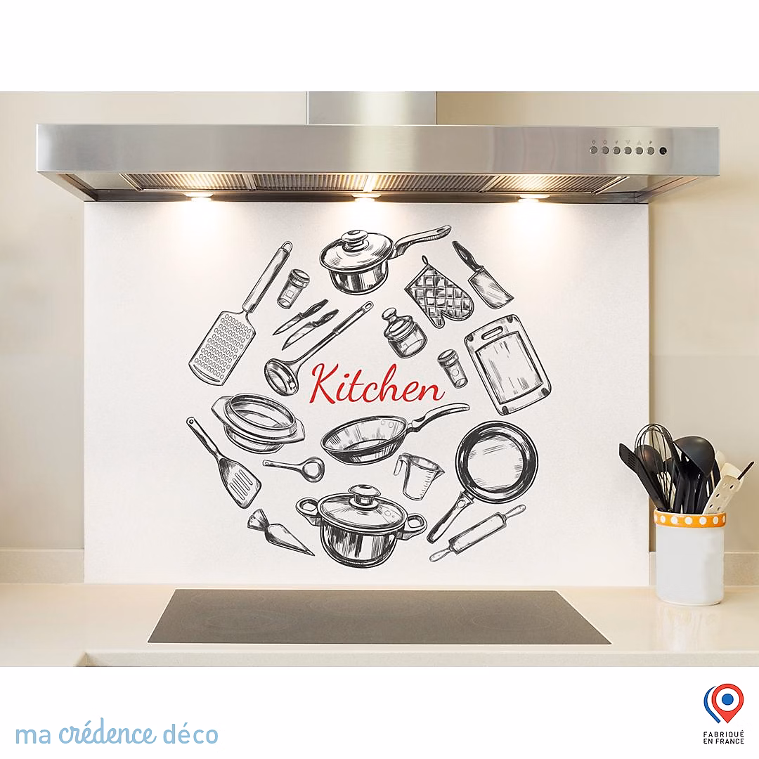 Crédence cuisine fond de hotte Dessin et ustensiles | Alu composite – L 90 cm x H 60 cm – MaCrédenceDéco