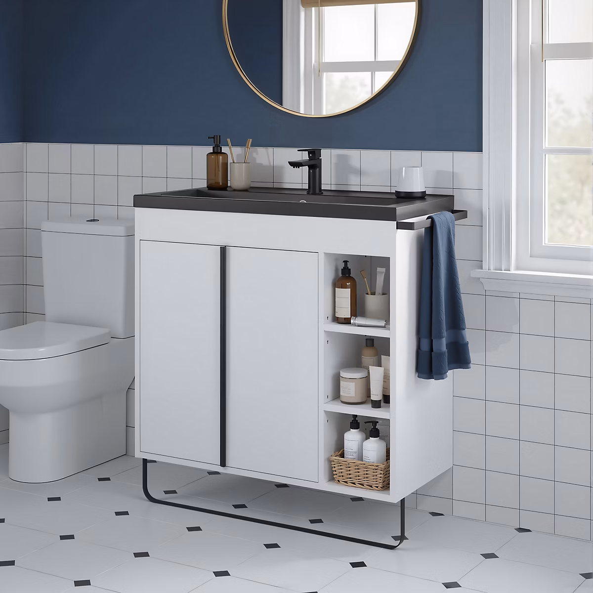 Meuble vasque faible profondeur blanc avec porte – serviettes l.85 x H.82 x P.36 cm Maza + plan vasque céramique noir Nira | GoodHome