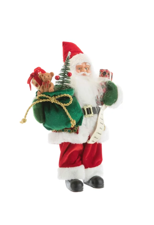 Père Noël traditionnel en tissu rouge et vert avec cadeaux - 180 cm