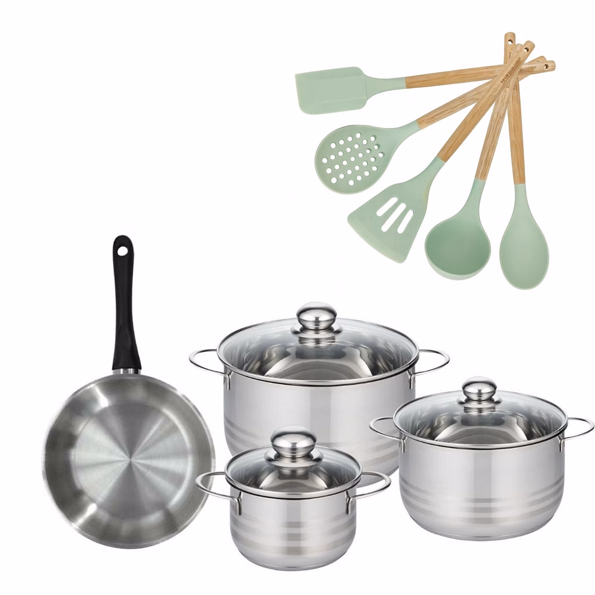Matériel de cuisson – Batterie de cuisine avec 3 faitouts 16/20/24 cm et 1 poêle 20 cm avec 5 ustensiles de cuisine Fackelmann Généva Brillant Ocean