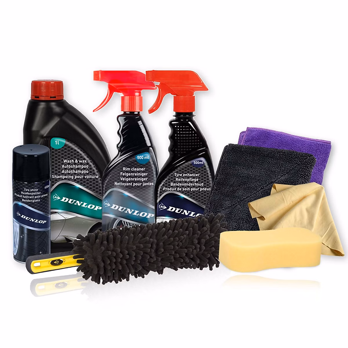 Dunlop Kit Nettoyage Jantes & Roues 9 Pièces KNRJ2 – Shampoing, Nettoyant, Brosse, Microfibres, Brillance & Propreté