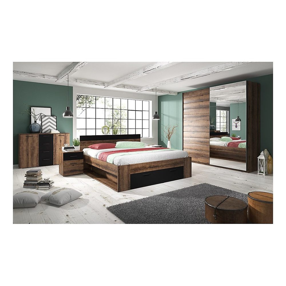 Chambre à coucher EOS : Armoire – Lit 180 × 200, commode, chevets. Couleur chene foncé et noir