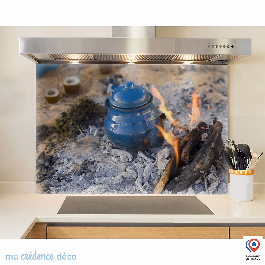 Crédence cuisine fond de hotte Théière et desert – Verre trempé, L 90 cm x H 50 cm, MaCrédenceDéco