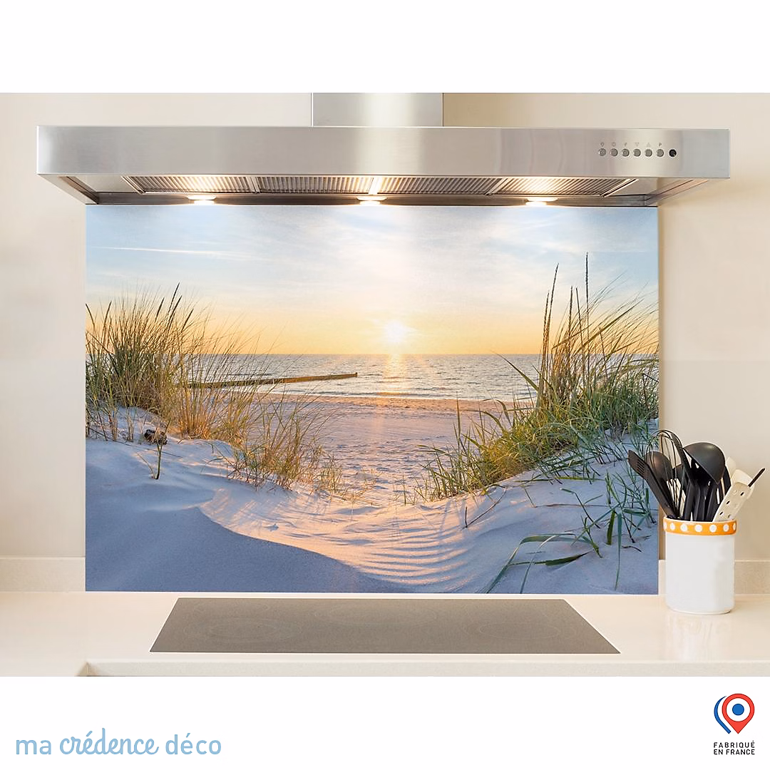 Crédence cuisine fond de hotte Dunes et soleil – Verre trempé, L 90 cm x H 70 cm, MaCrédenceDéco