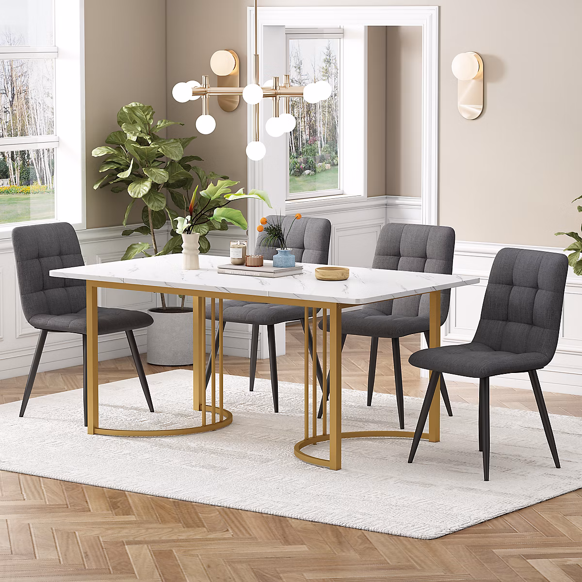 Ensemble de salle à manger 5 pièces table 140 cm effet marbre et 4 chaises en lin – Réf. GYQZKUDAQ5418979295