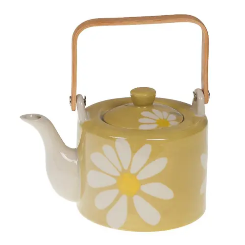 Théière avec infuseur en grès jaune à fleurs et anse bambou Daisy - 19 x 18 x 12 cm